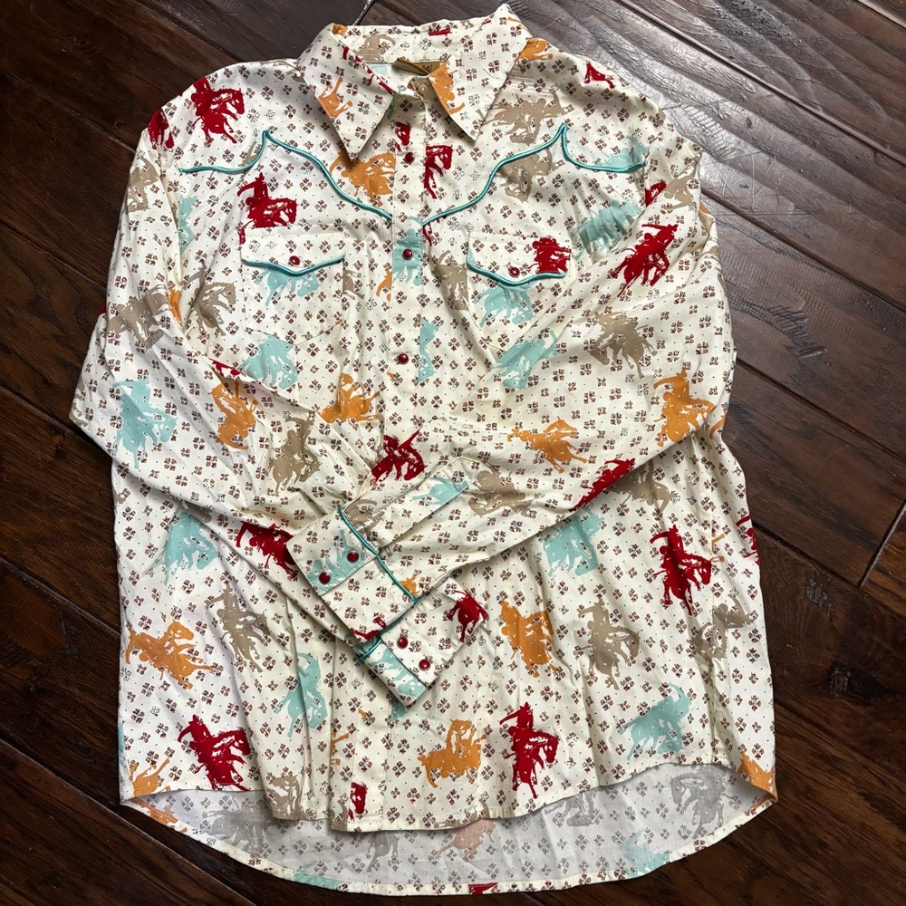 Vintage Wrangler Cream Western Button Down Shirt with Rodeo Print XXL